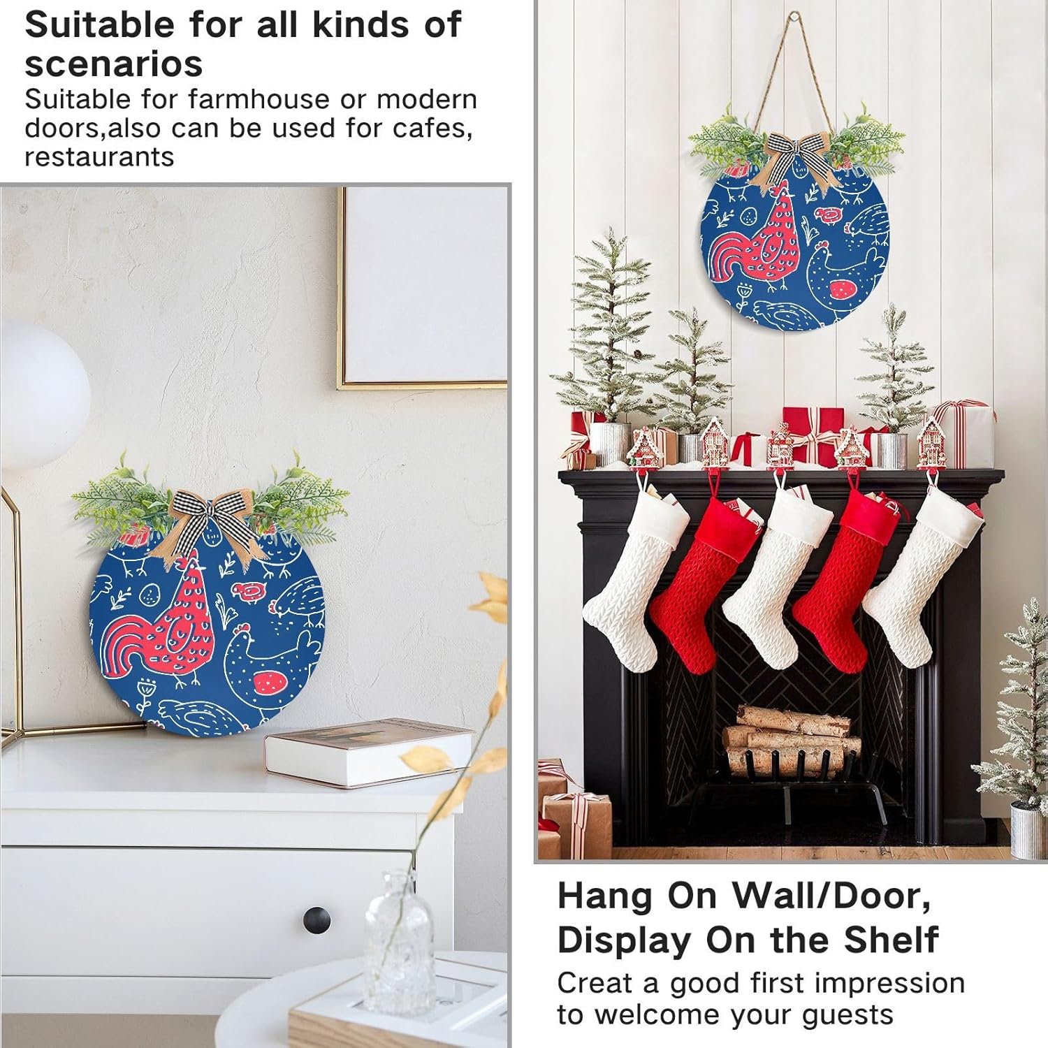 Chicken Rooster Door Wreath for Front Door, Round Hanging Home Decor Q59487