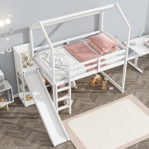 Wood House Loft Bed Frame with Slide and Storage Shelves Z806