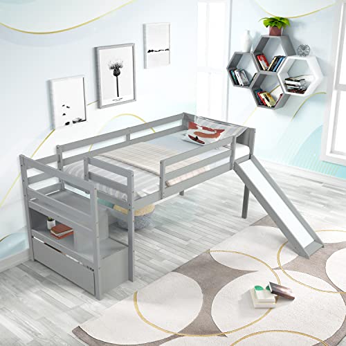 Wood House Loft Bed Frame with Slide and Storage Shelves Z806