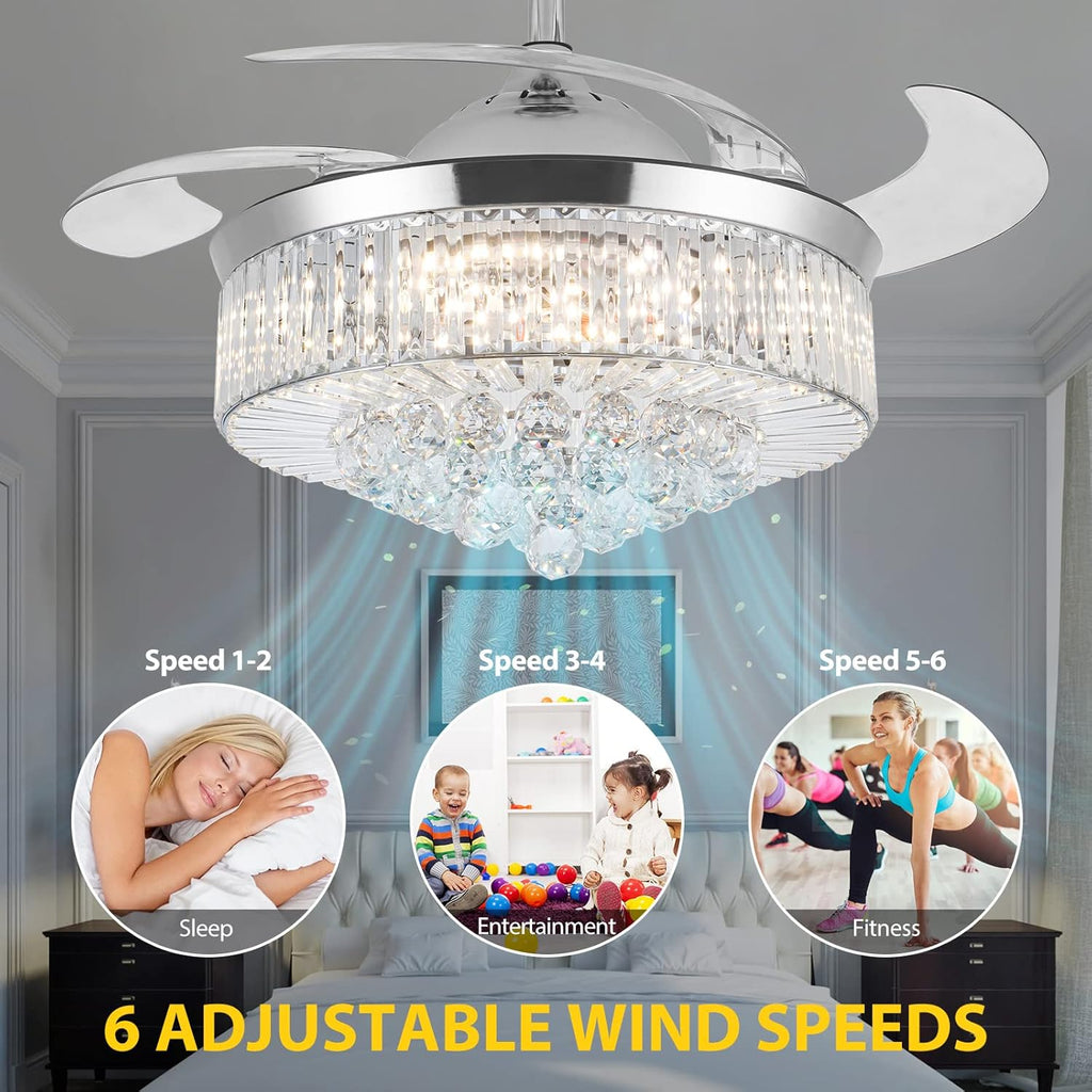 Crystal Ceiling Fan with Light, Dimmable LED Remote Control, Retractable Blades U2447