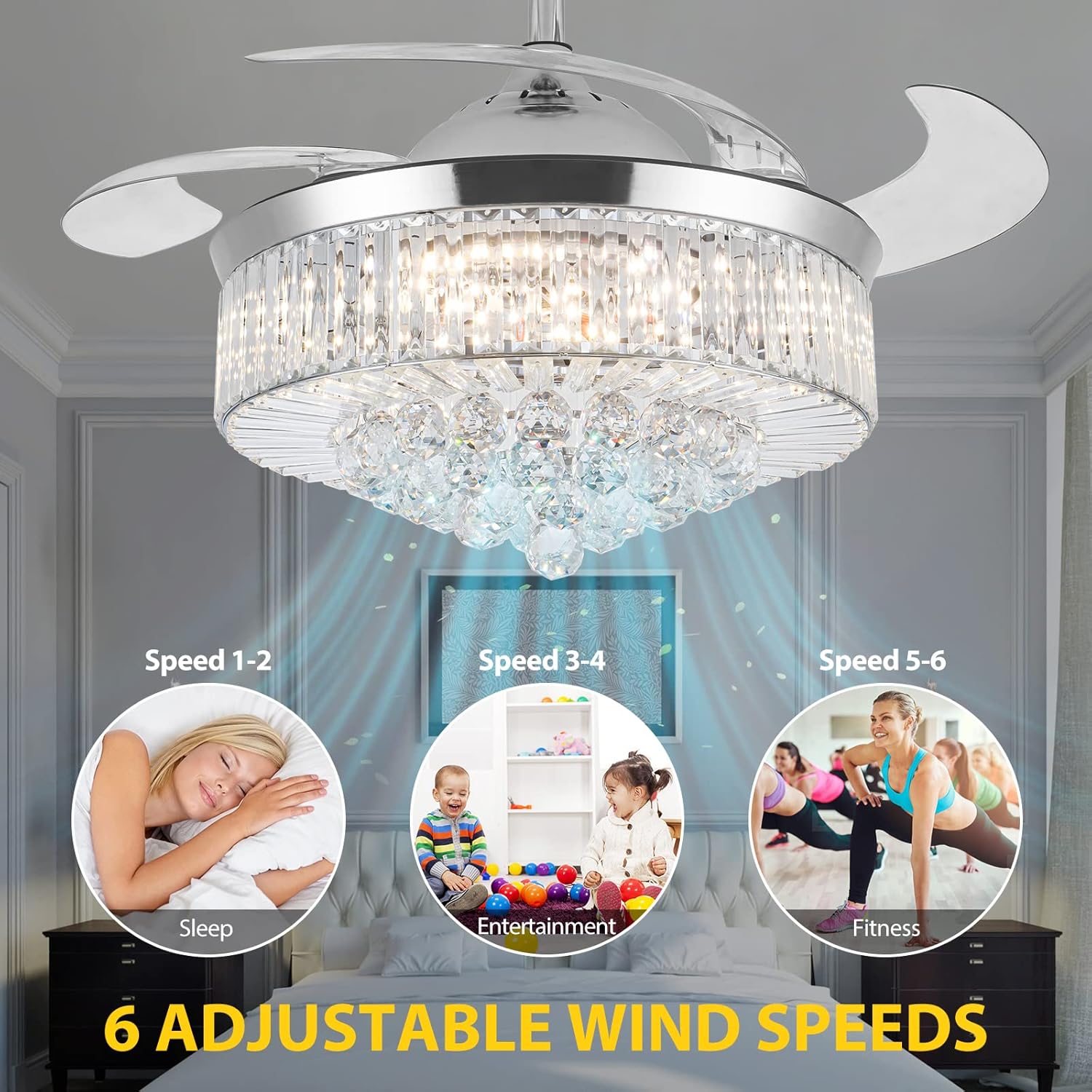 Crystal Ceiling Fan with Light, Dimmable LED Remote Control, Retractable Blades U2447
