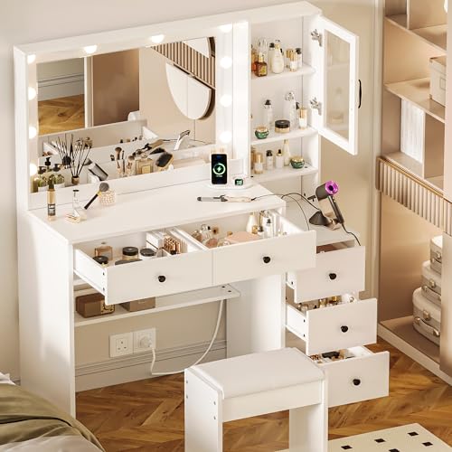 White Vanity Table with Drawer, Charging Station, Lighted Mirror P35549