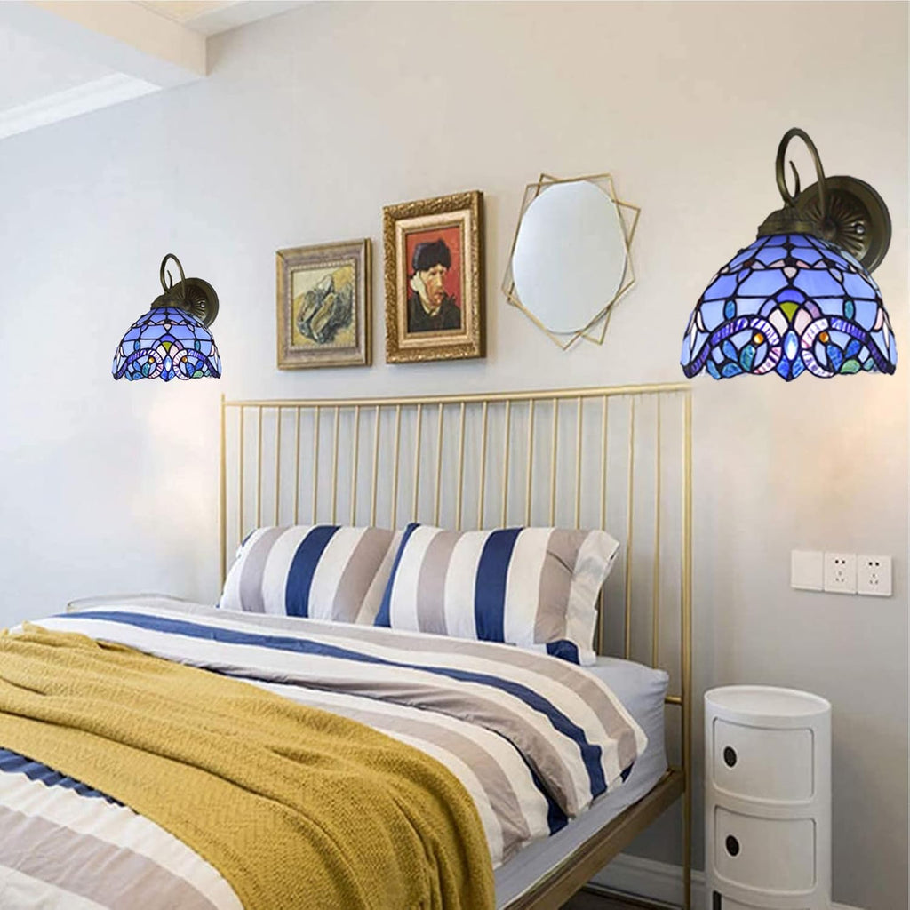 Wall Lamp Sconce Set of Two, Hand-Made Baroque Stained Glass Shade LED, Blue R89277