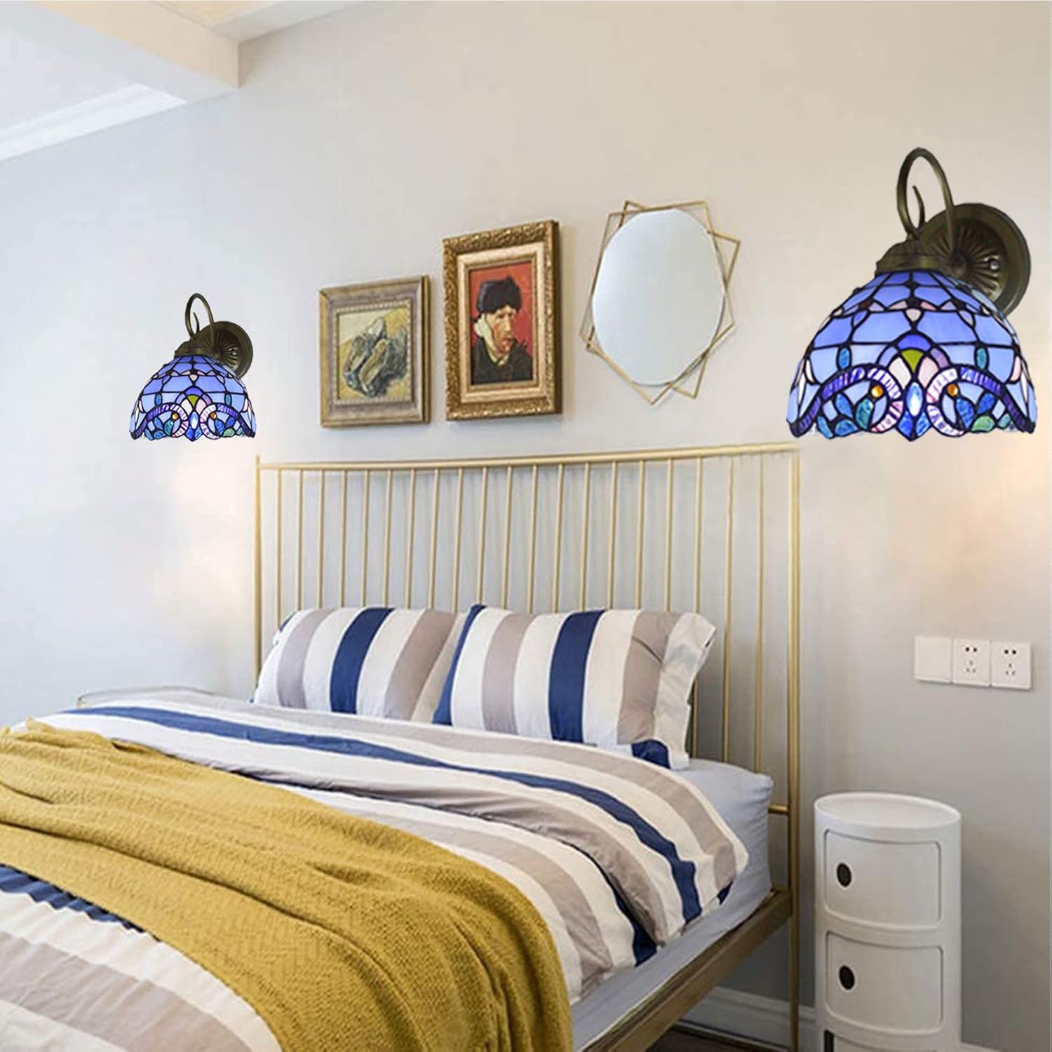 Wall Lamp Sconce Set of Two, Hand-Made Baroque Stained Glass Shade LED, Blue R89277