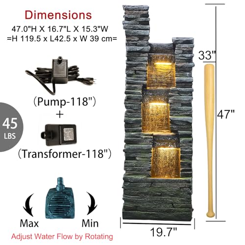 Outdoor Indoor Water Fountain with LED Lights, 37.4 Inches Tall J698