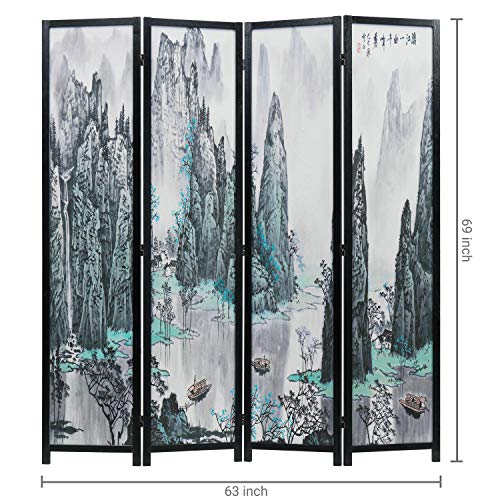 4-Panel Folding Bamboo Room Divider with Cherry Blossom Scene B61114