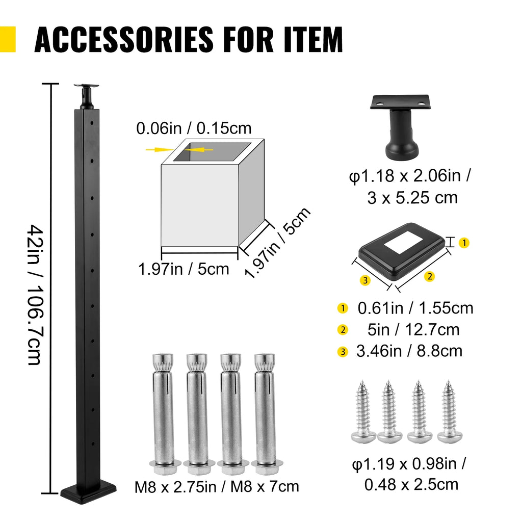 Cable Railing Post Level Deck Stair Post 42 x 1.97 x 1.97" Handrail Post Stainless Steel Brushed Finishing Pre-Drilled with Mounting Bracket Black G552172