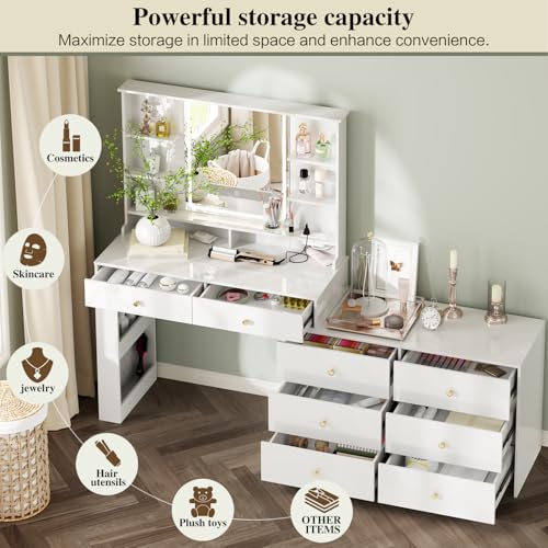 Large Makeup Vanity Desk with Mirror and Lights, 8 Drawers, Power Outlet B666