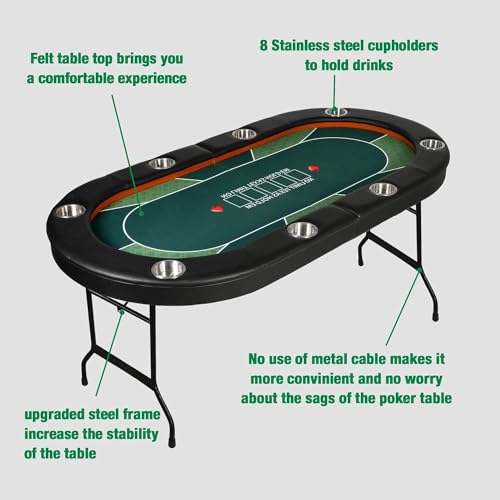 84" Foldable Poker Table with Chips Tray, 10 Player Oval, Green Felt U489