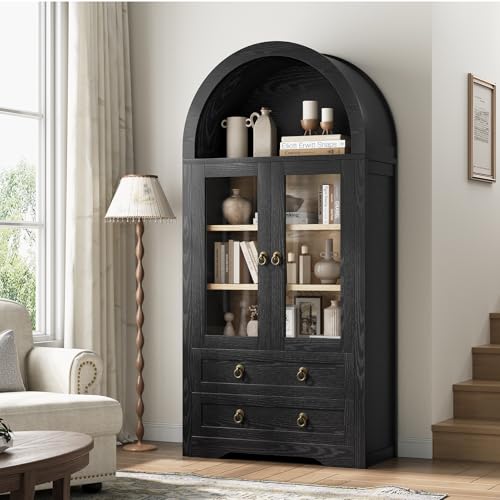 Arched Bookshelf Pantry Cabinet with Drawers and Shelves, 71" Tall M5569