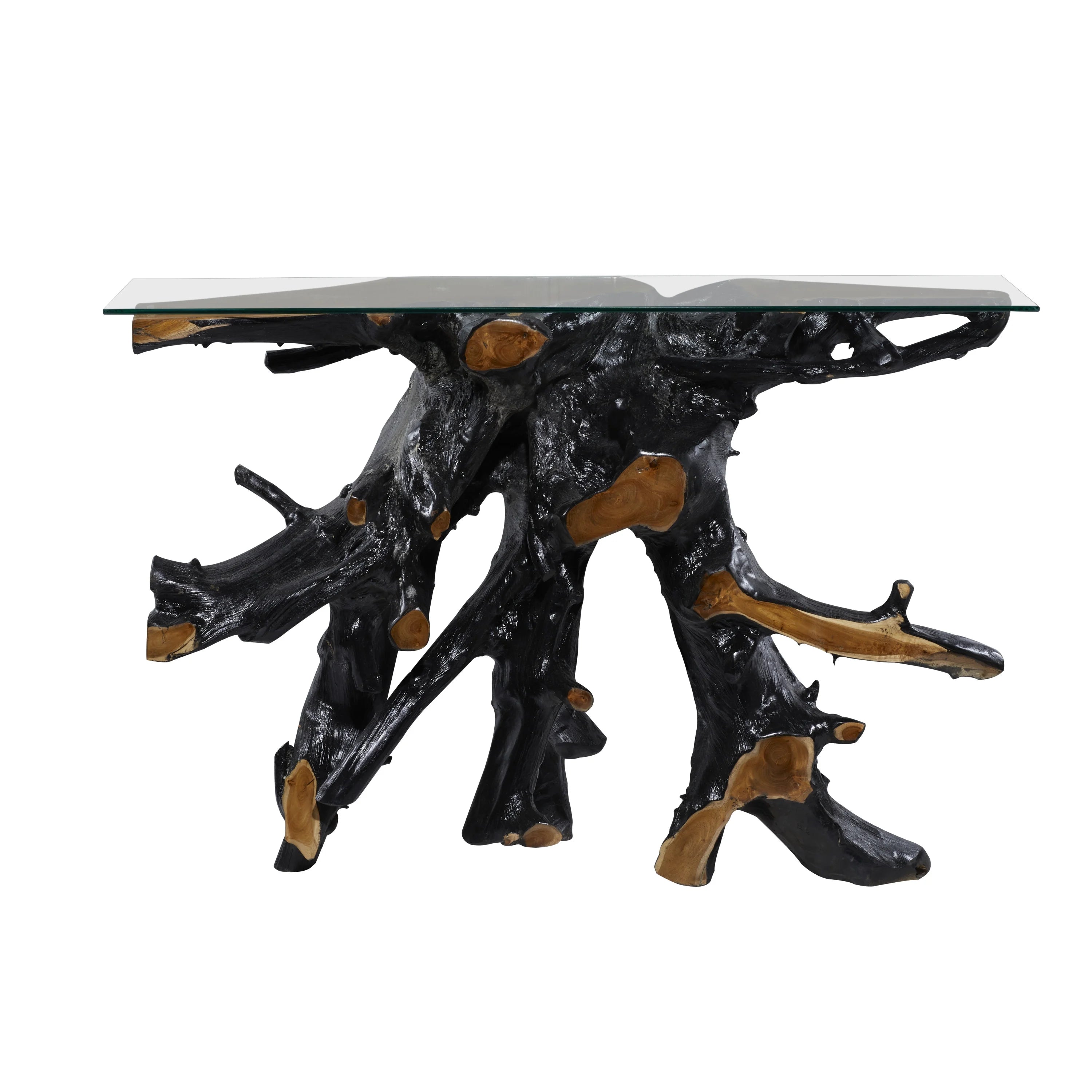 DecMode 49" x 32" Black Teak Wood Live Edge Tree Stump Console Table with Clear Glass Top, 1-Piece