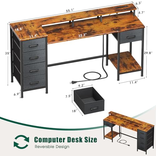 47 Inch Computer Gaming Desk with Power Outlets LED Lights and Storage Drawers I77165
