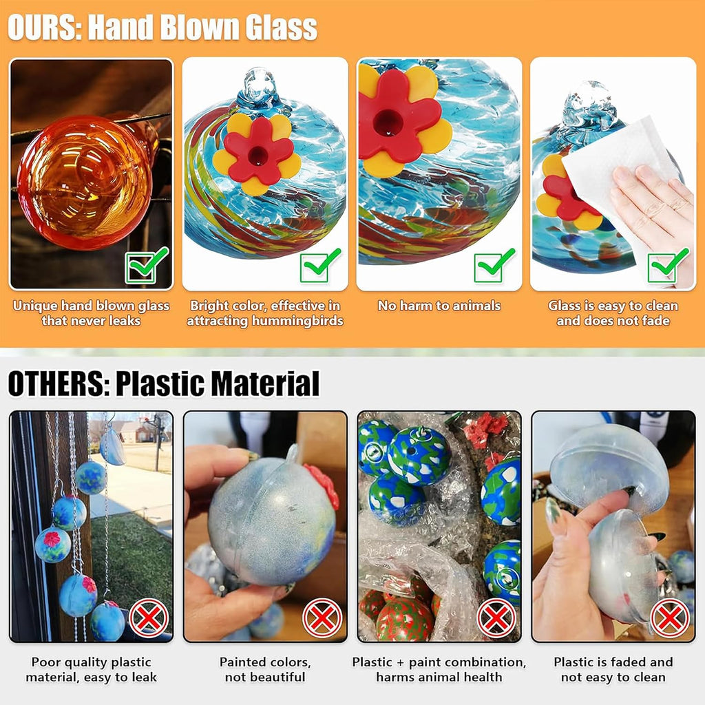 Hand Blown Glass Hummingbird Feeder for Outdoors Hanging J3956