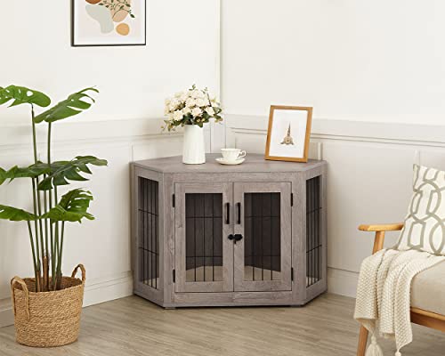 Wooden Dog Crate Corner End Table with Cushion for Indoor Use, Large G236961