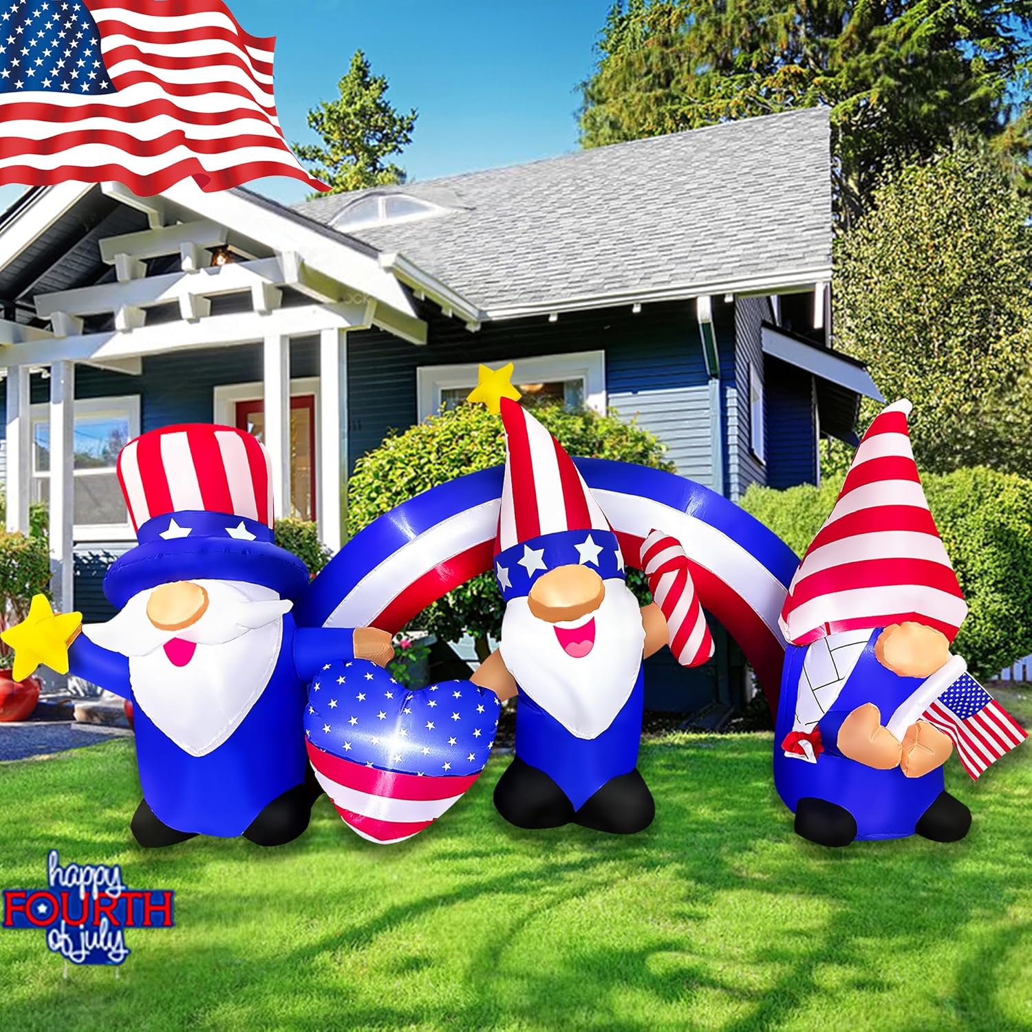 BLOWOUT FUN 7 FT Independence Day Inflatable 3 Gnomes with Archway Decorations Patriotic 4th of July for Home Yard Lawn Garden Indoor Outdoor Memorial Day Decor