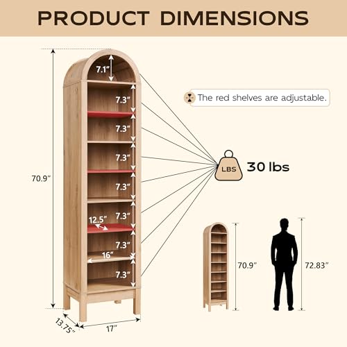 Arched Bookshelf, 7-Tier Bookcase with Adjustable Shelves A456