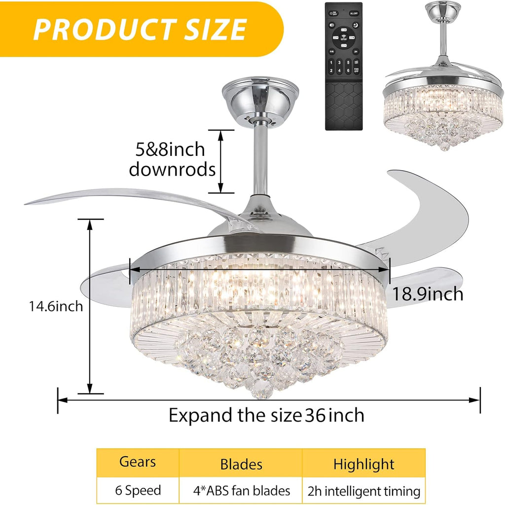 Crystal Ceiling Fan with Light, Dimmable LED Remote Control, Retractable Blades U2447