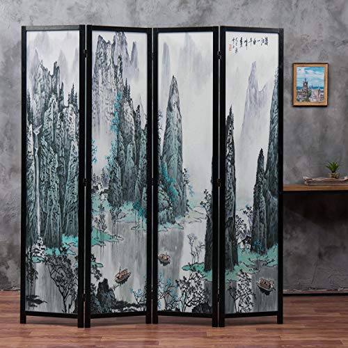 4-Panel Folding Bamboo Room Divider with Cherry Blossom Scene B61114