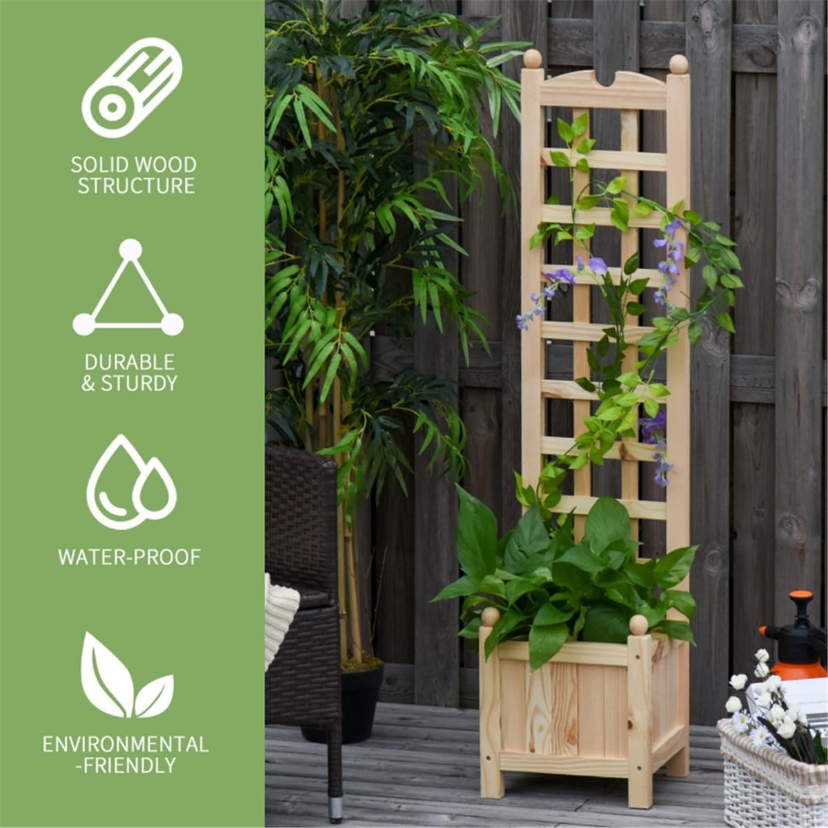 Raised Garden Bed Wood Planter with Trellis for Flowers Herbs Climbing Vines N842