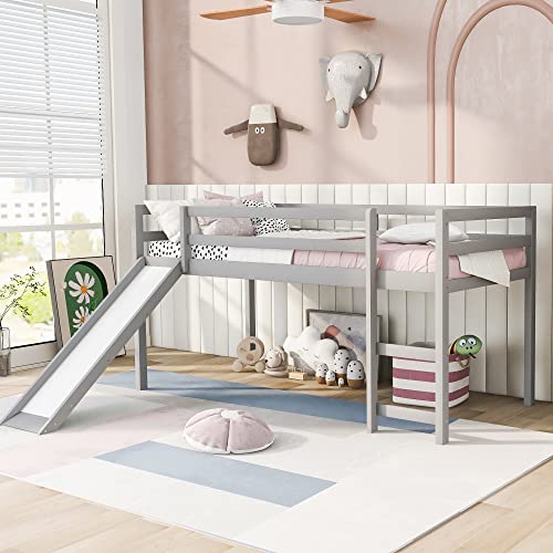 Wood House Loft Bed Frame with Slide and Storage Shelves Z806