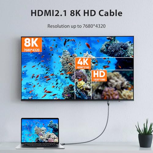 8K HDMI Cable 25FT, 48Gbps, HDMI 2.1, Braided Cord for HDTV/Monitor Y68726