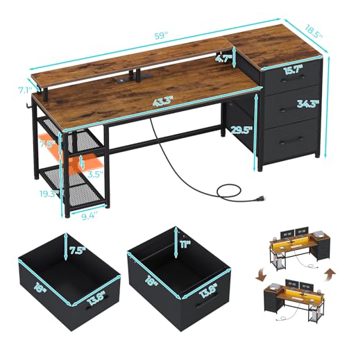 Office Desk with Drawers, Reversible Computer Desk with Storage, LED Lights & Power Outlet, Rustic Brown X65554