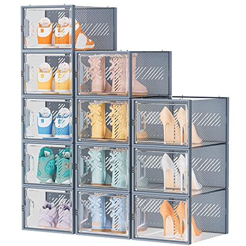 Shoe Storage, 12 Pack X-Large Shoe Organizer for Closet, Shoe Boxes Clear Plastic Stackable Shoe Storage Boxes for Size 13