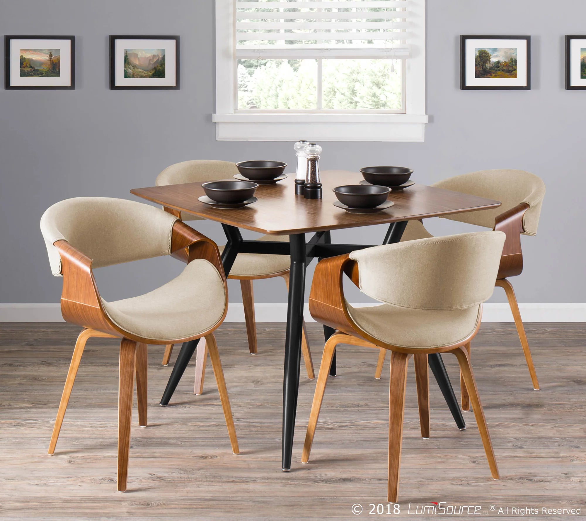 Mid-Century Modern Dining Accent Chair in Walnut and Cream Fabric J558481