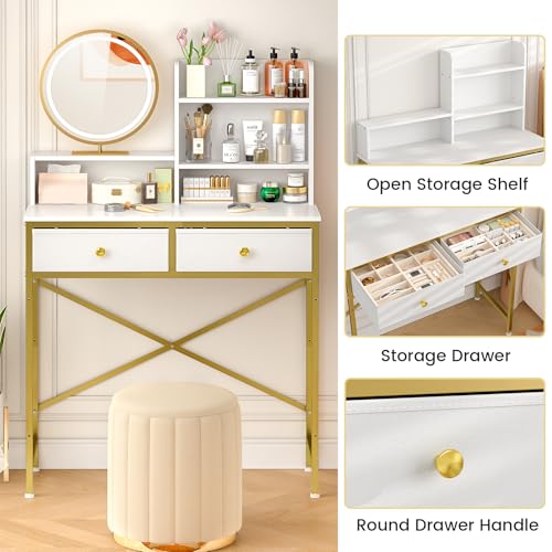 White Vanity Desk with 2 Drawers and Open Shelves B163
