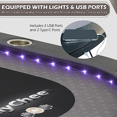 LED Poker Table, 10 Player Foldable Texas Holdem with LED Lights, USB Ports, Cup Holders A93805