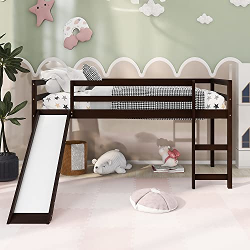 Wood House Loft Bed Frame with Slide and Storage Shelves Z806