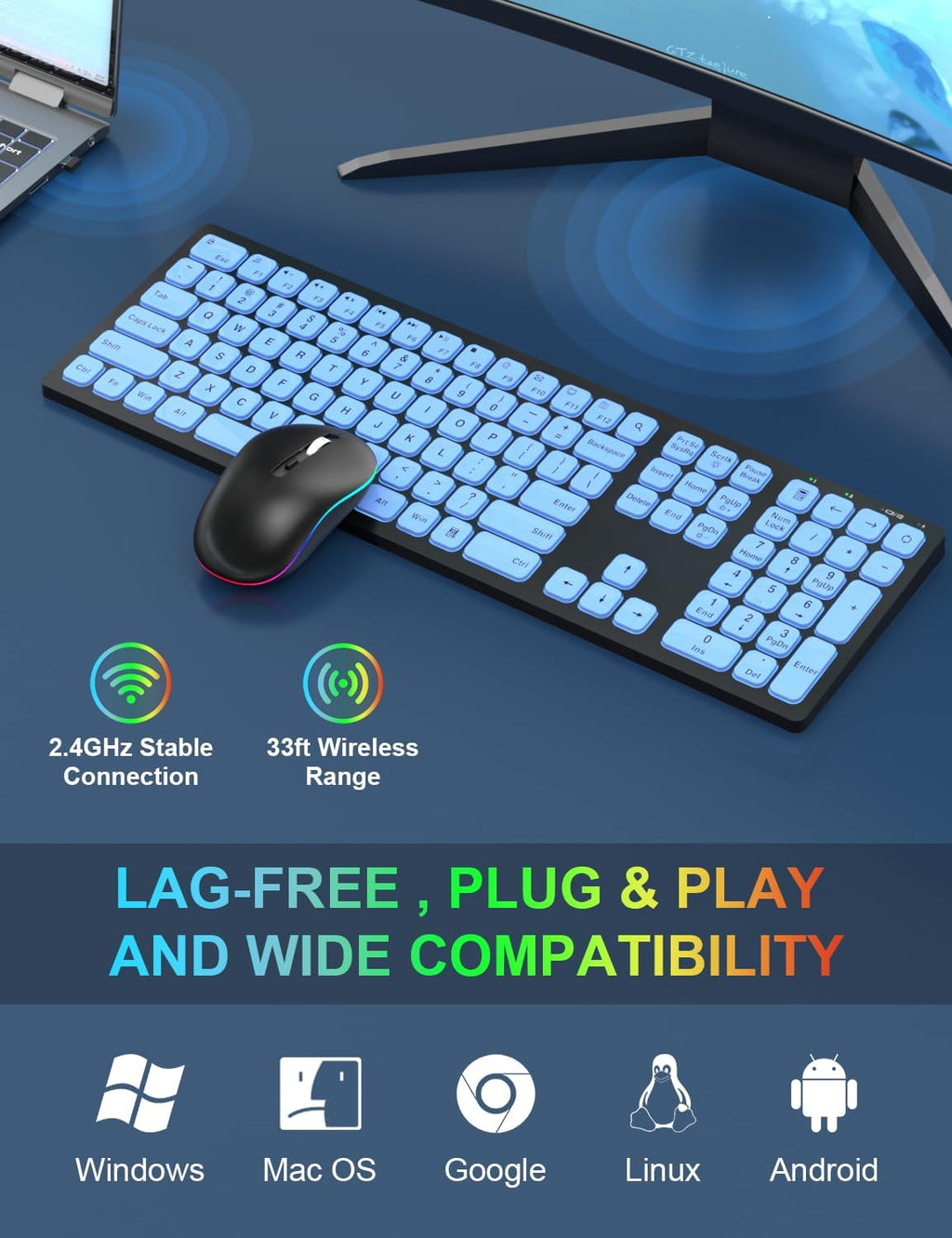 Wireless Keyboard and Mouse Combo with RGB Backlit, Rechargeable, Slim Design R51228