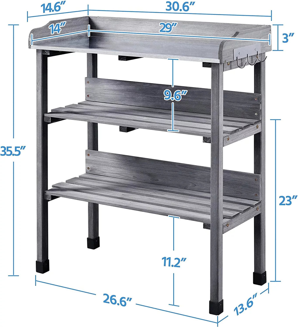 Wooden Potting Bench Table with Metal Tabletop and Storage Shelf A212159