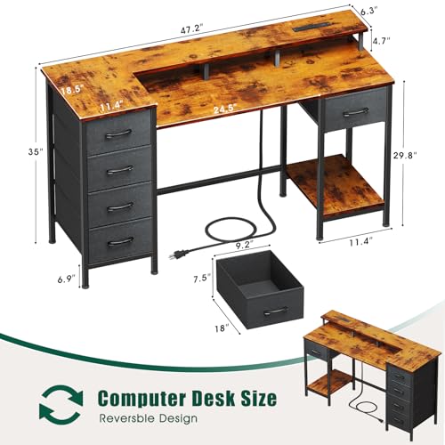 47 Inch Computer Gaming Desk with Power Outlets LED Lights and Storage Drawers I77165