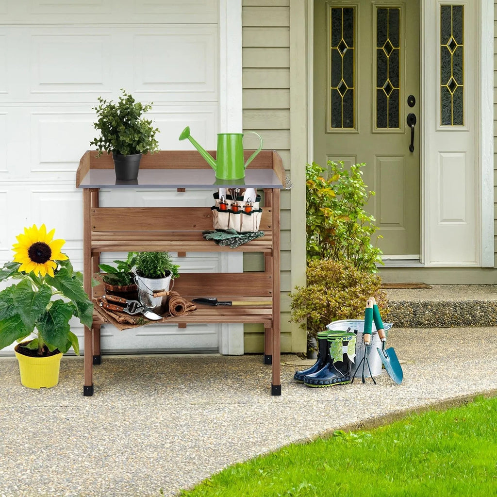 Wooden Potting Bench Table with Metal Tabletop and Storage Shelf A212159