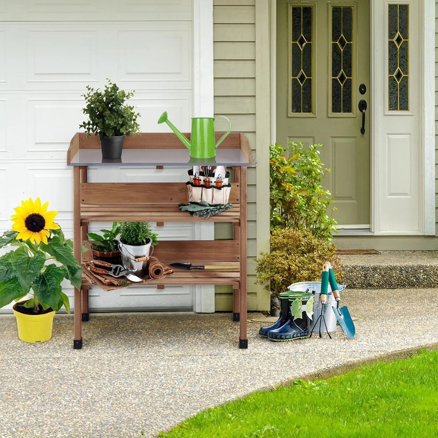 Wooden Potting Bench Table with Metal Tabletop and Storage Shelf A212159