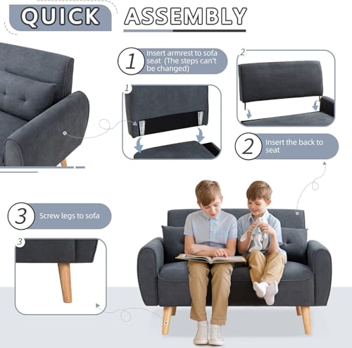 Linen Loveseat Sofa with 2 Pillows, Dark Grey N297821