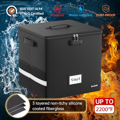 Vinyl Record Storage Box with Lock, Fireproof & Water Resistant, Holds 100+ 12-Inch Records H505