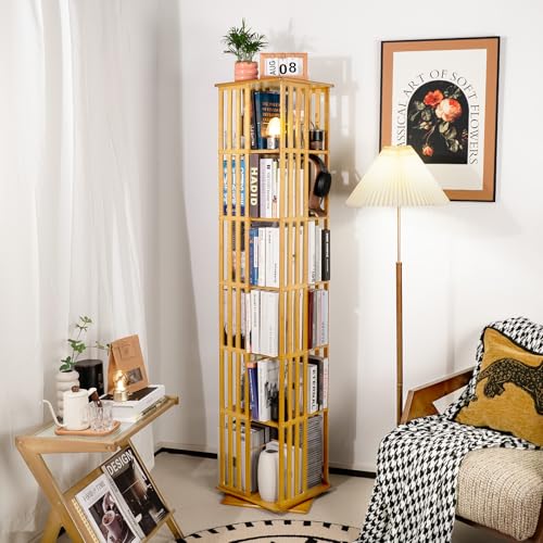 Rotating Bookshelf Tower, 360 Spinning Bamboo Bookcase, 6 Tier Floor Standing Storage Rack U3081