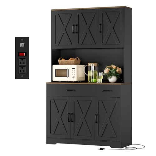 71" Tall Pantry Cabinet with Charging Station and Microwave Stand L63097