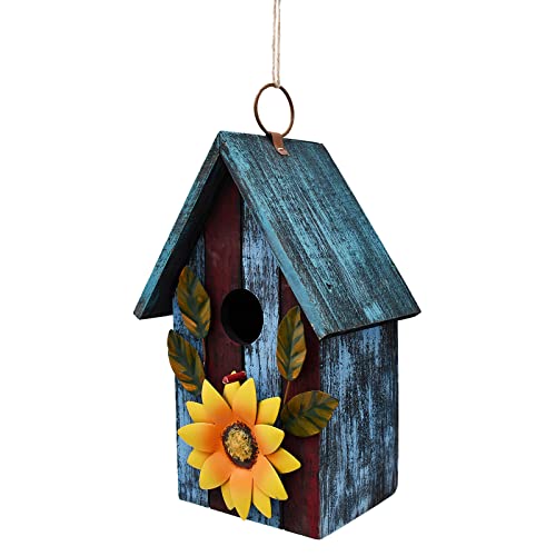 Wooden Decorative Birdhouse Hand Painted Hanging Bird House with Sunflower - Garden Farmhouse Decor Outdoor Bird Nest for Sparrow Finch Hummingbird and Bluebirds (Green)