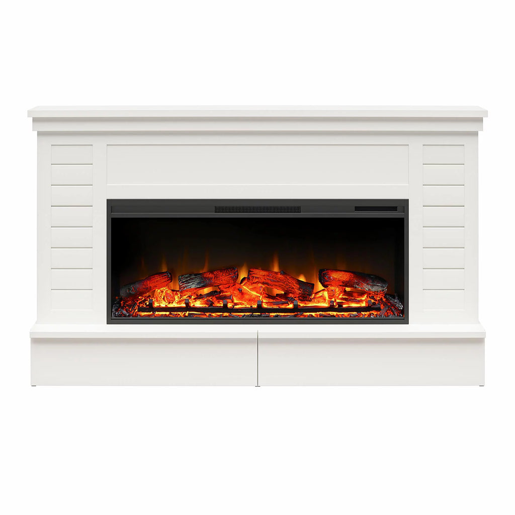 White Shiplap Mantel with Electric Fireplace and Storage Drawers J37651