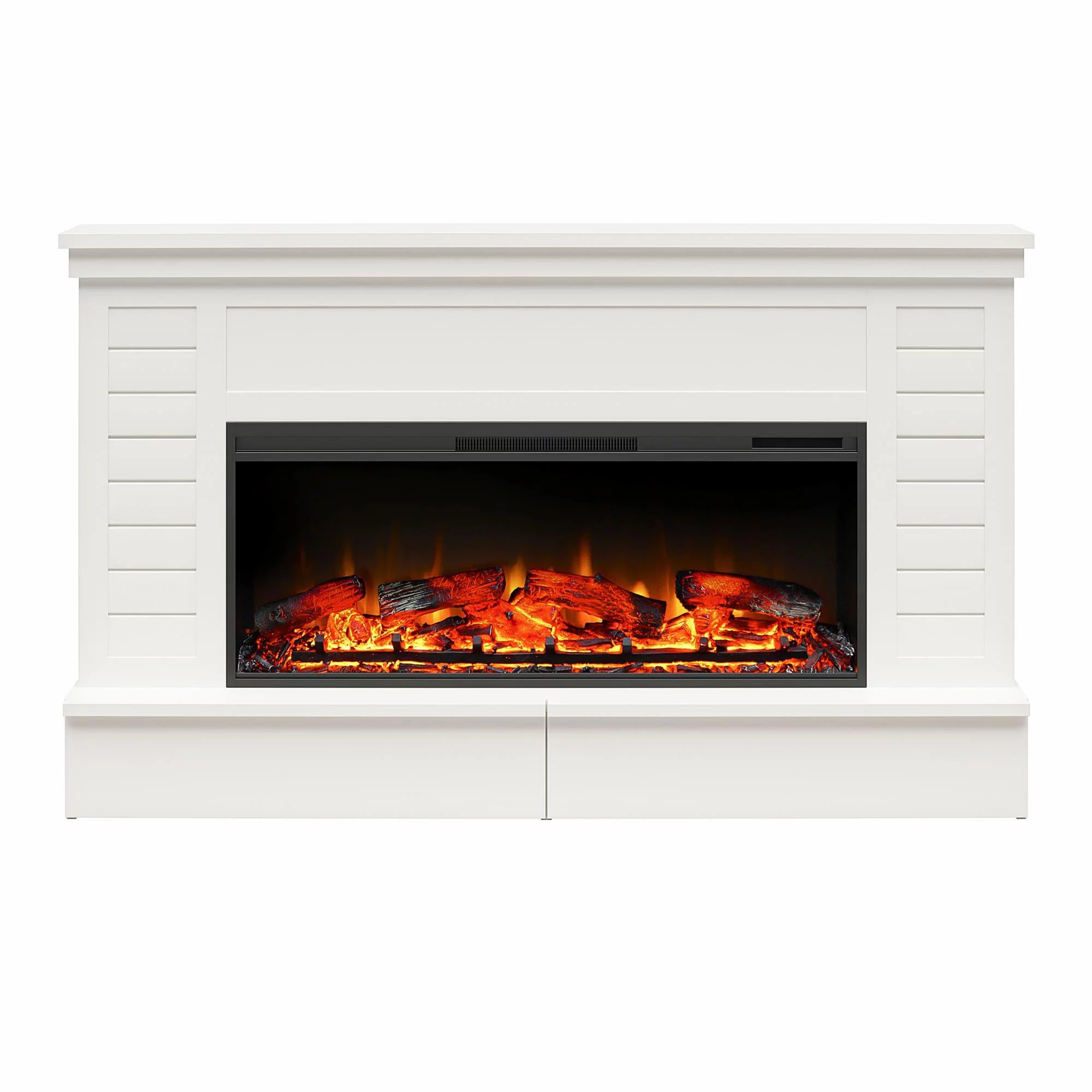 White Shiplap Mantel with Electric Fireplace and Storage Drawers J37651