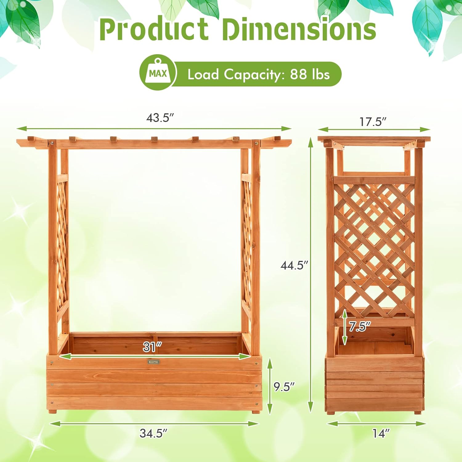 Raised Garden Bed with Trellis, Wood Planter Box with Drain Holes V4144