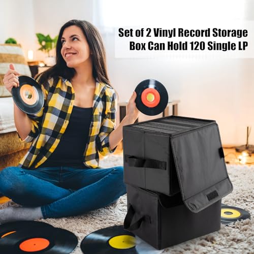 7-inch Vinyl Record Storage Box, Foldable Stackable Set of 2 with Lid and Handle D3720