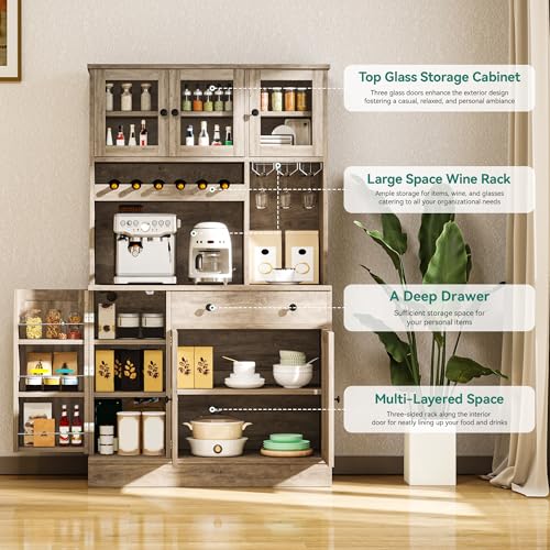 Kitchen Pantry Cabinet with Wine Rack & Power Outlet, 71" H Tall Storage Cabinet with Doors and Shelves W56221