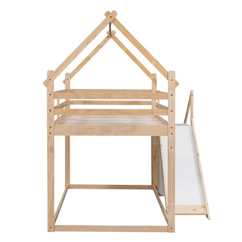 Wood House Loft Bed Frame with Slide and Storage Shelves Z806