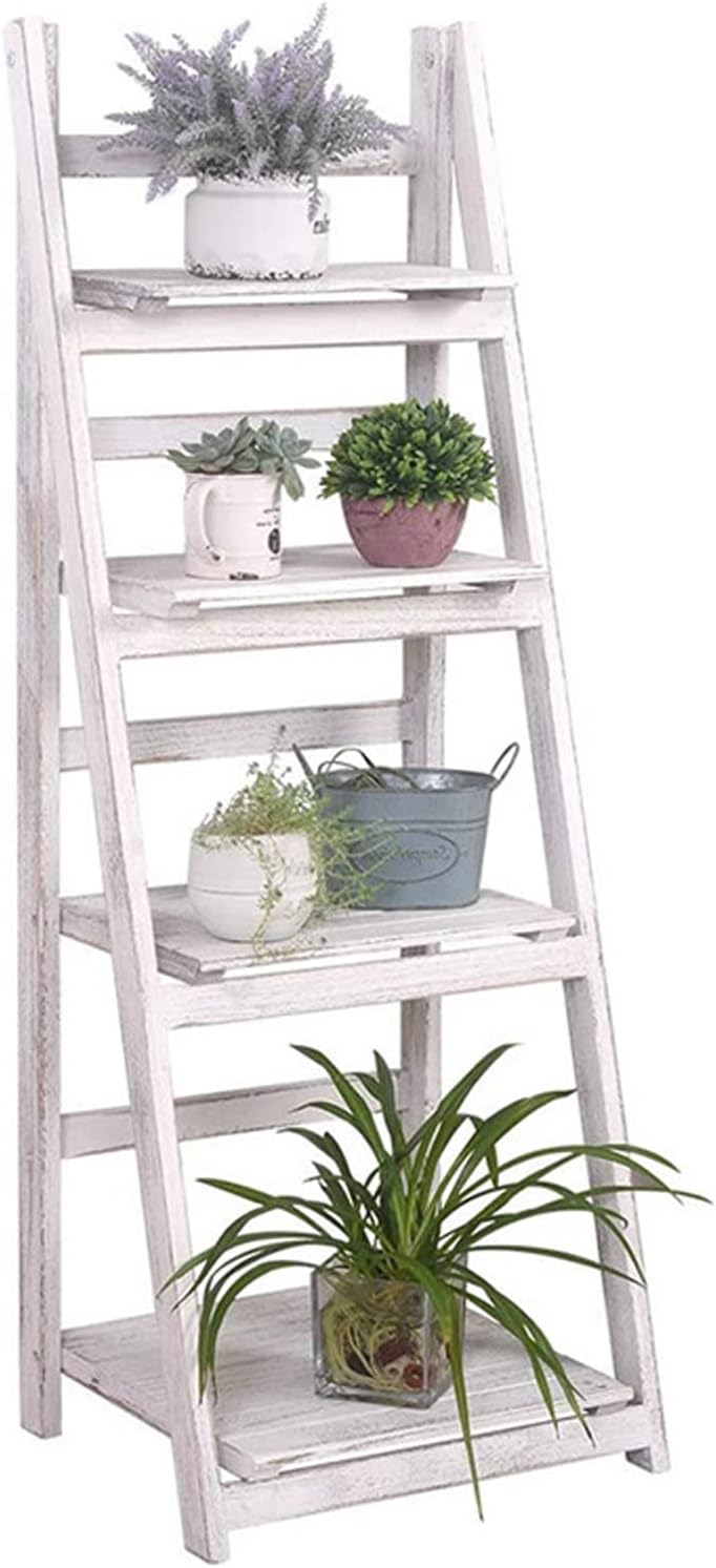Foldable Ladder Shelf,Plant Stand, Flower Pot Stand,Patio Rustic Wood Stand with Shelves,4 Tier Stand,for Outdoor