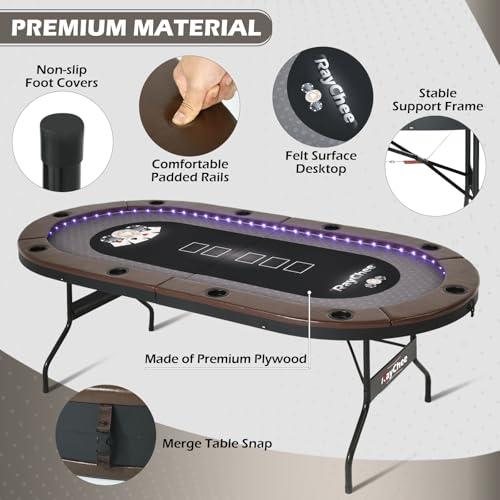LED Poker Table, 10 Player Foldable Texas Holdem with LED Lights, USB Ports, Cup Holders A93805