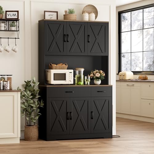 71" Tall Pantry Cabinet with Charging Station and Microwave Stand L63097